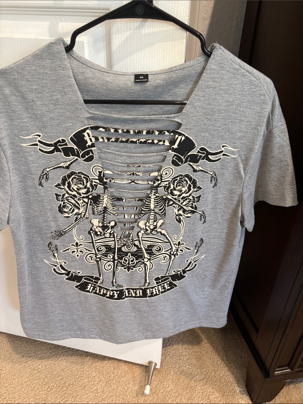 SHEIN Gray Short Sleeve Cutout Graphic Tee with Black & White Skeleton Print